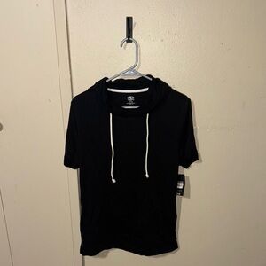 Black Short Sleeve Hoodie with White Drawstrings